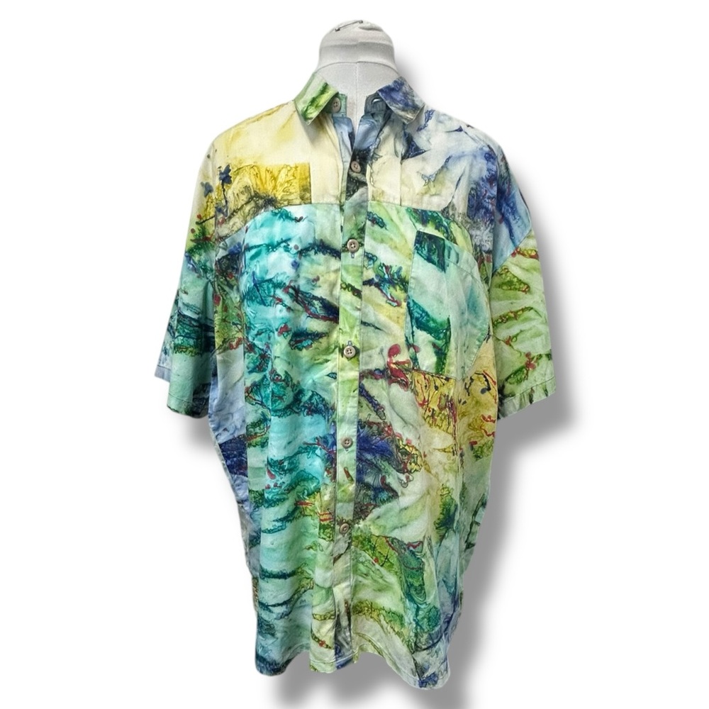 Sambisari Mens Button Down Shirt Casual Colorful Art To Wear Ice Dyed Streetwear - Picture 2 of 13